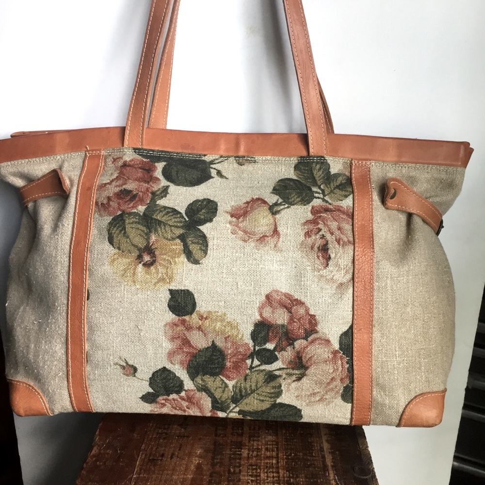 Earthbags floral canvas & leather tote bag vintage